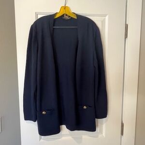 ST JOHN Classic Navy Knit Blazer & Skirt Suit Sz L Old Money Mature Timeless